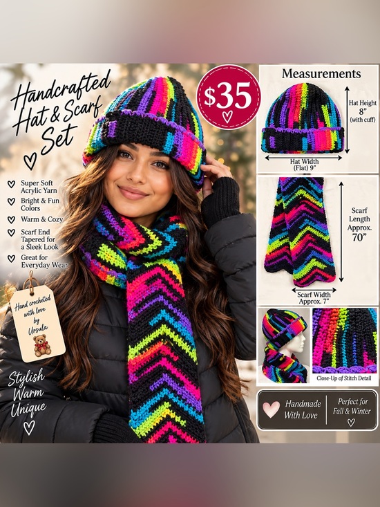 Hand Crafted Accessories - Crochet Hat&Scarf Set-Adult